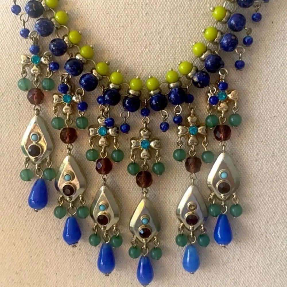 Gerard Yosca Vintage 1980s Egyptian Revival Beaded Bib Statement Necklace